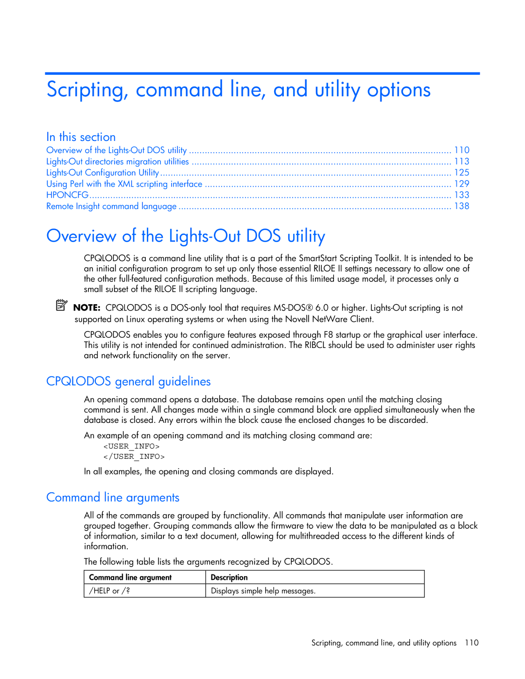 HP 232664-006 Scripting, command line, and utility options, Overview of the Lights-Out DOS utility, Command line arguments 