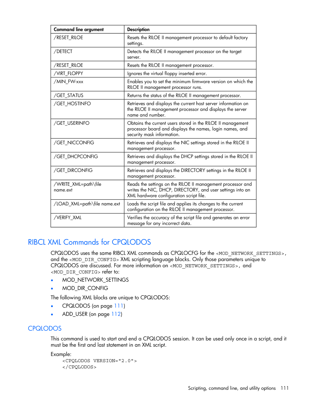 HP 232664-006 manual Ribcl XML Commands for Cpqlodos, Virtfloppy 