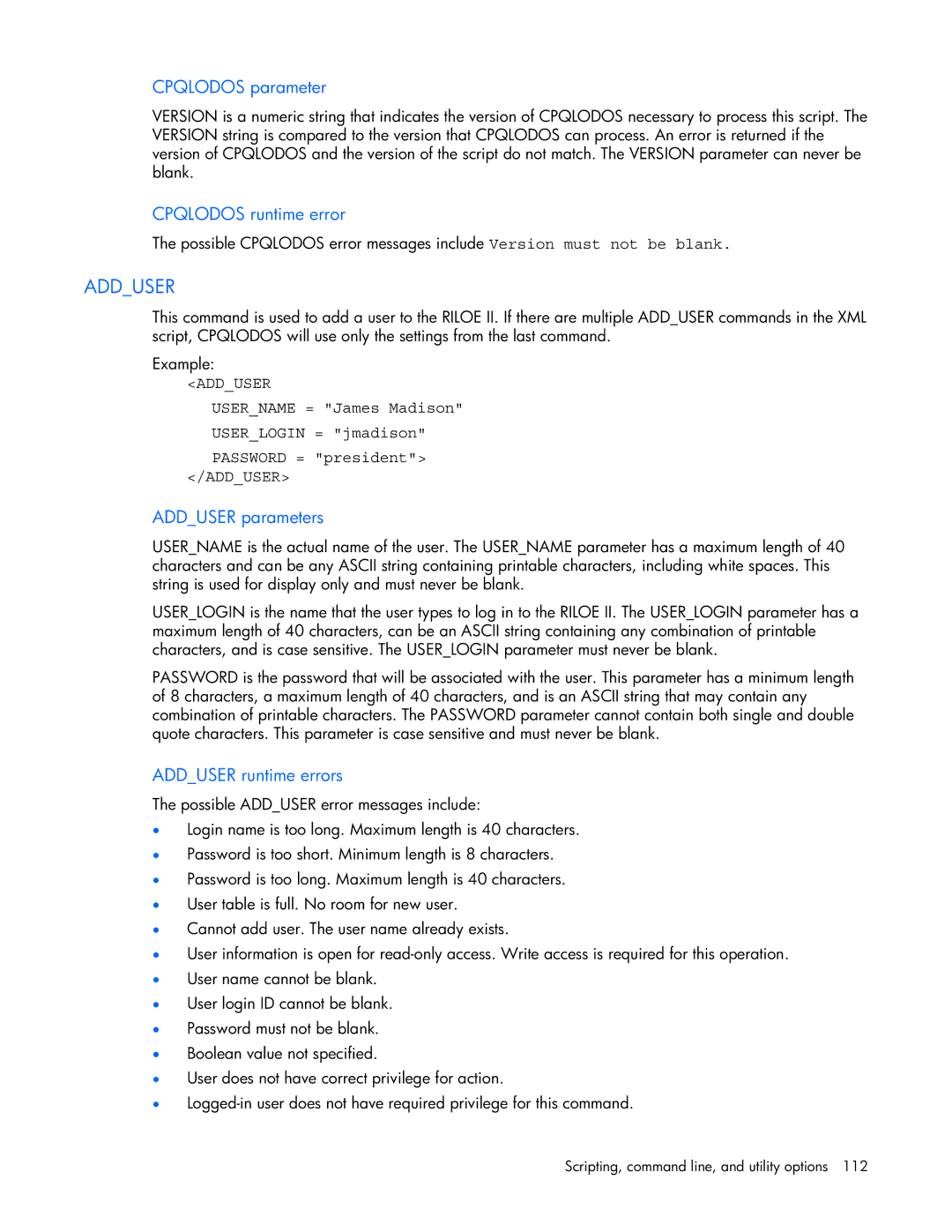 HP 232664-006 manual Cpqlodos parameter, Cpqlodos runtime error, Adduser parameters, Adduser runtime errors 