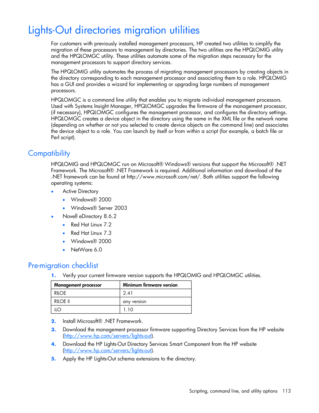 HP 232664-006 manual Lights-Out directories migration utilities, Compatibility, Pre-migration checklist 