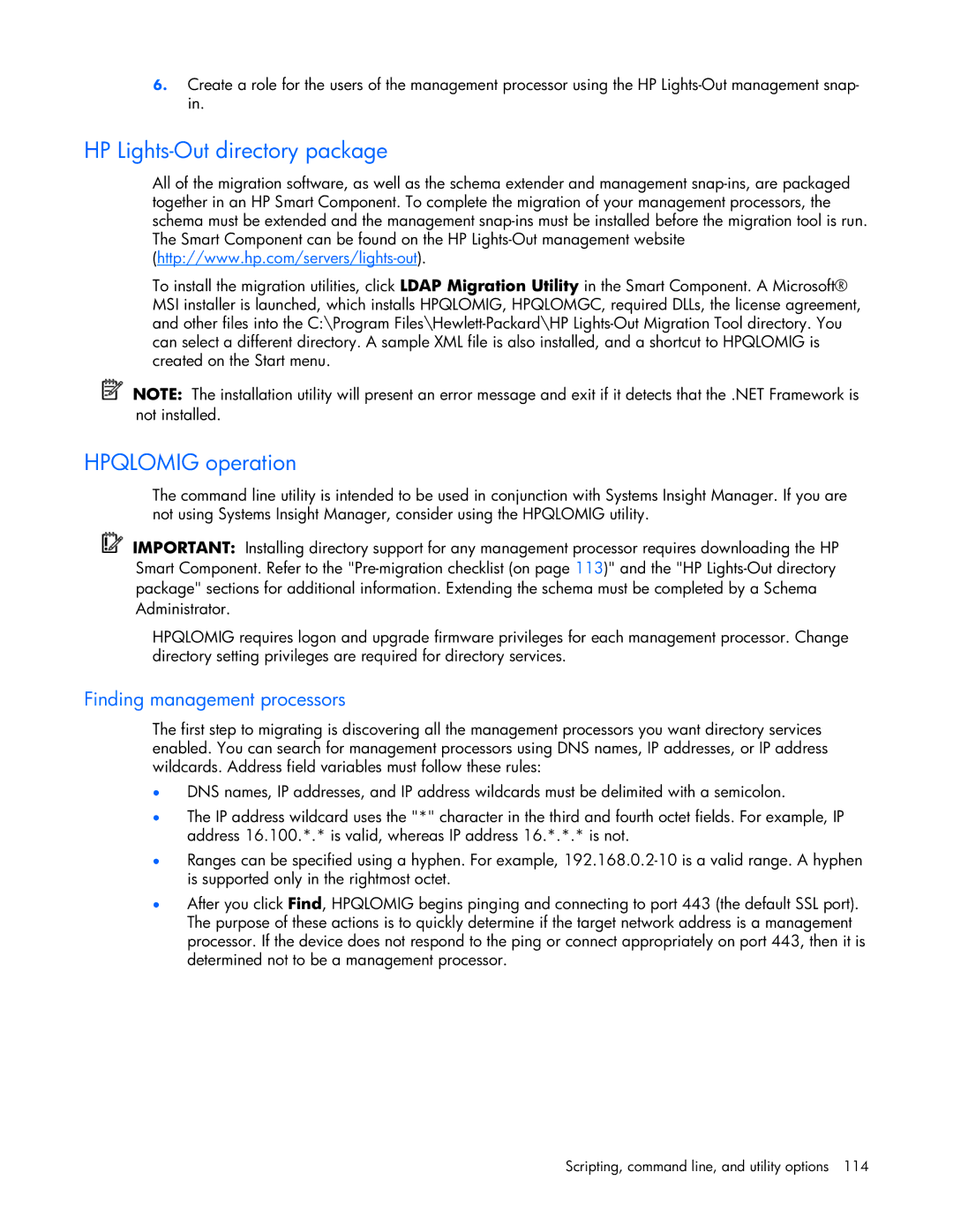 HP 232664-006 manual HP Lights-Out directory package, Hpqlomig operation, Finding management processors 