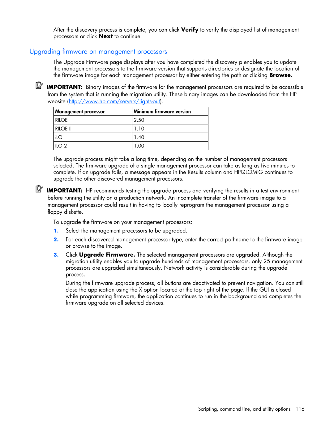 HP 232664-006 manual Upgrading firmware on management processors 