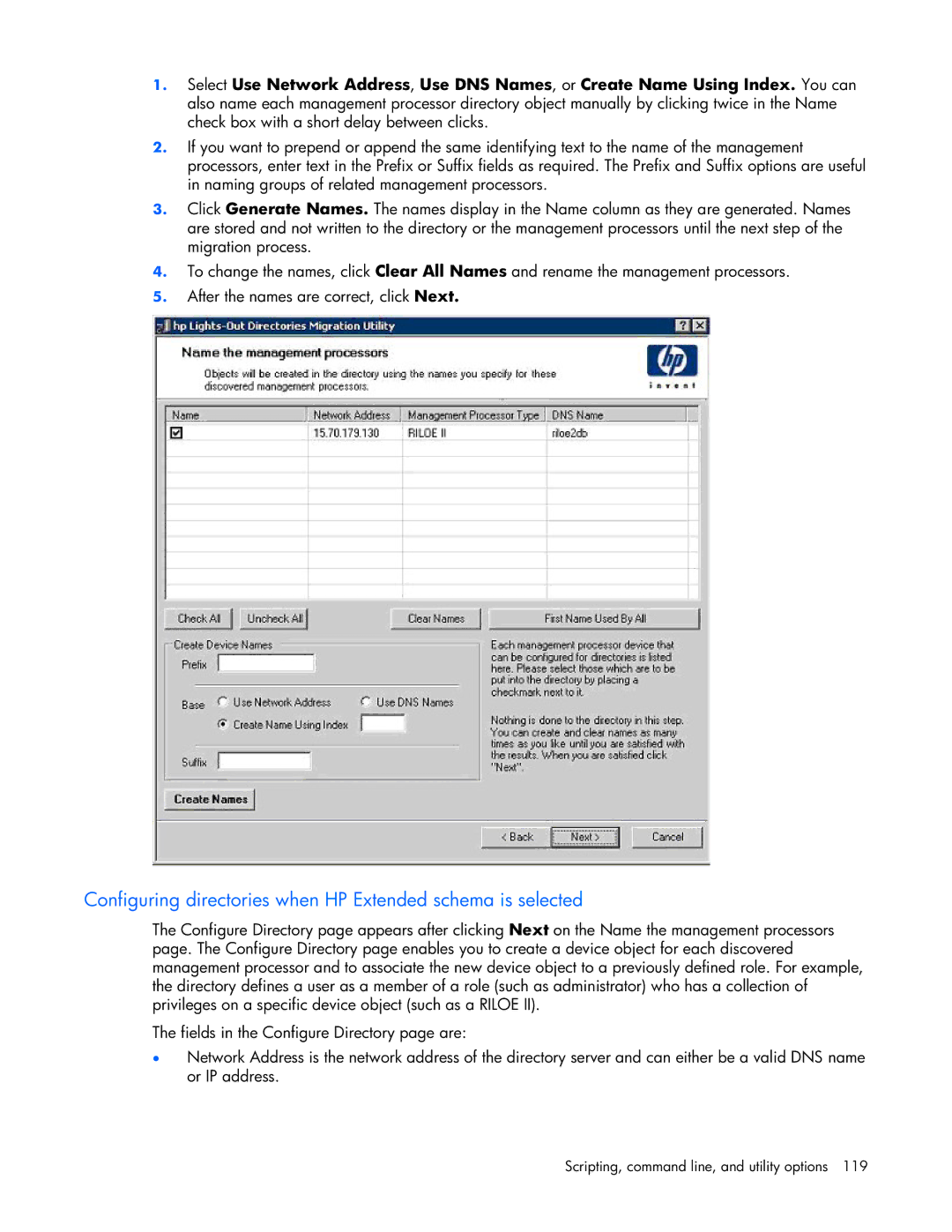 HP 232664-006 manual Configuring directories when HP Extended schema is selected 