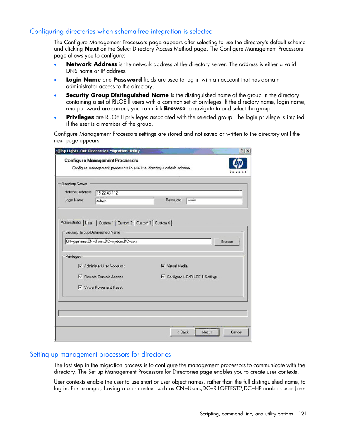 HP 232664-006 manual Setting up management processors for directories 