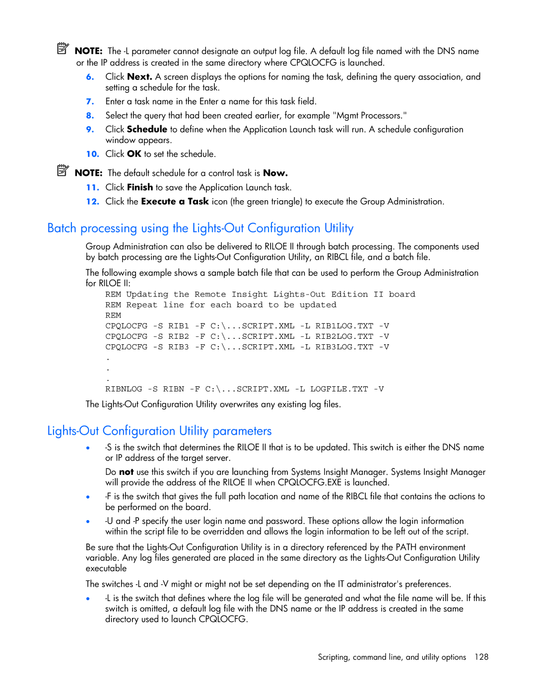 HP 232664-006 Batch processing using the Lights-Out Configuration Utility, Lights-Out Configuration Utility parameters 