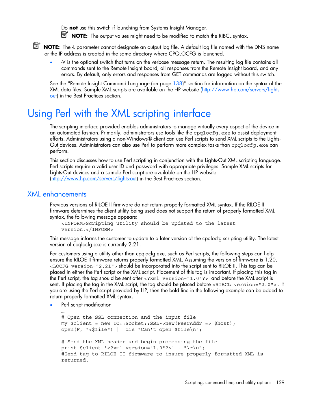 HP 232664-006 manual Using Perl with the XML scripting interface, XML enhancements 