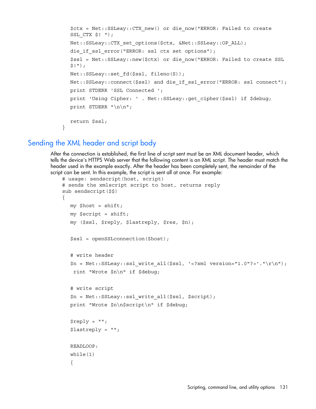 HP 232664-006 manual Sending the XML header and script body, Readloop 