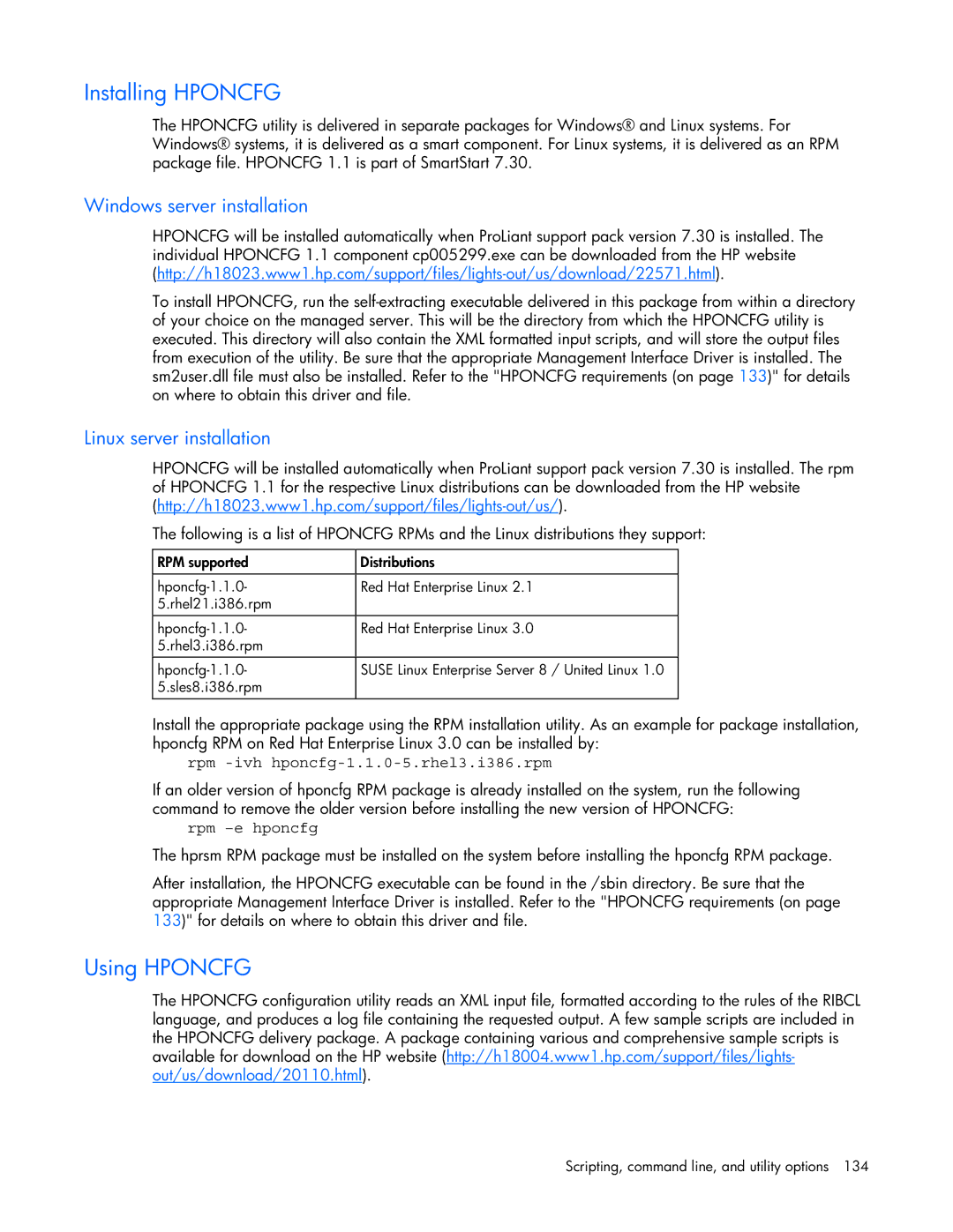 HP 232664-006 manual Installing Hponcfg, Using Hponcfg, Windows server installation, Linux server installation 