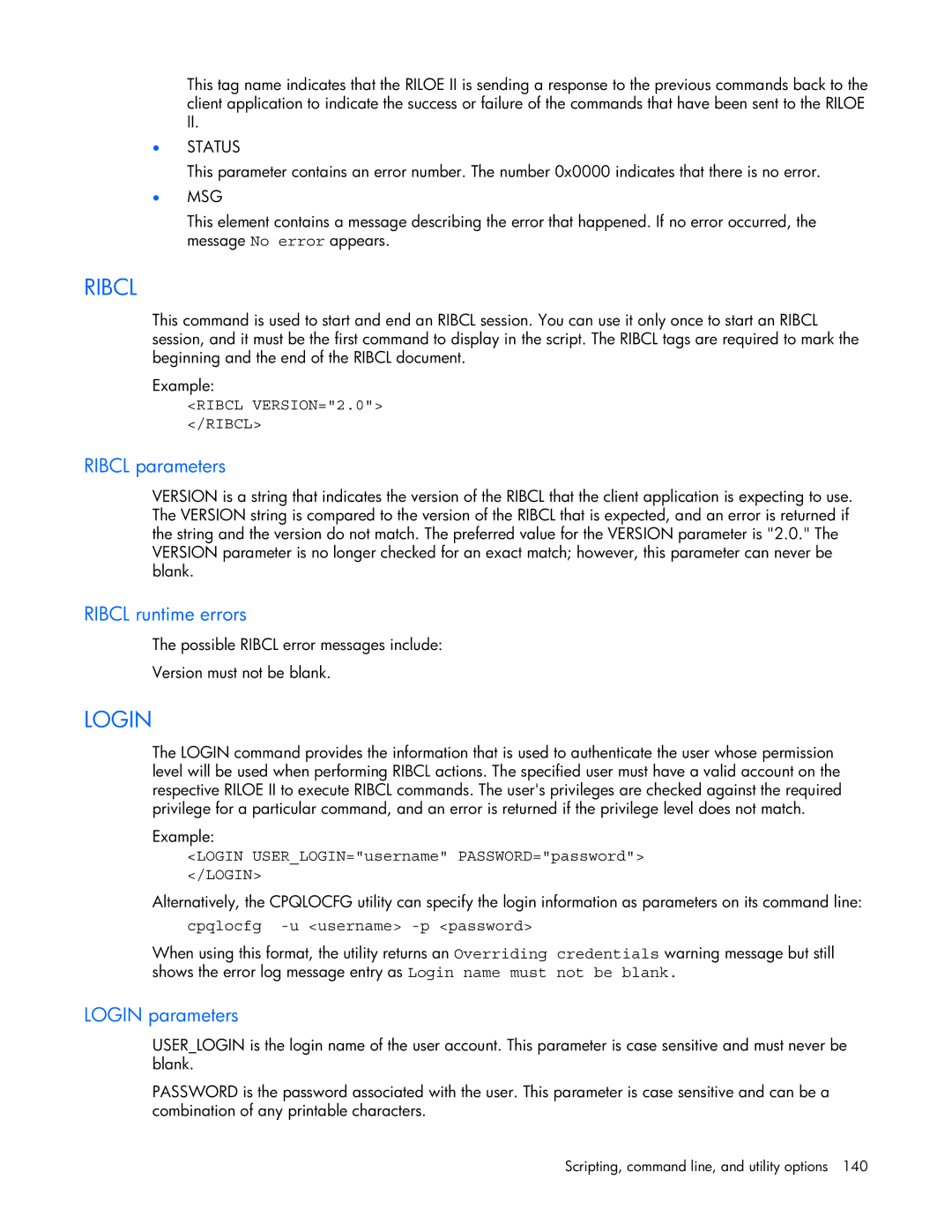 HP 232664-006 manual Ribcl parameters, Ribcl runtime errors, Login parameters 