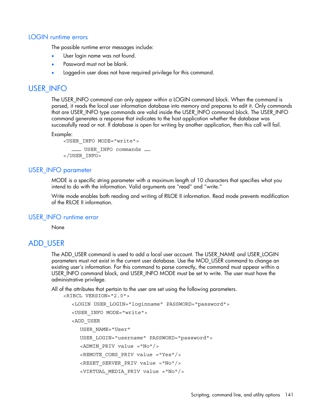 HP 232664-006 manual Adduser, Login runtime errors, Userinfo parameter, Userinfo runtime error 
