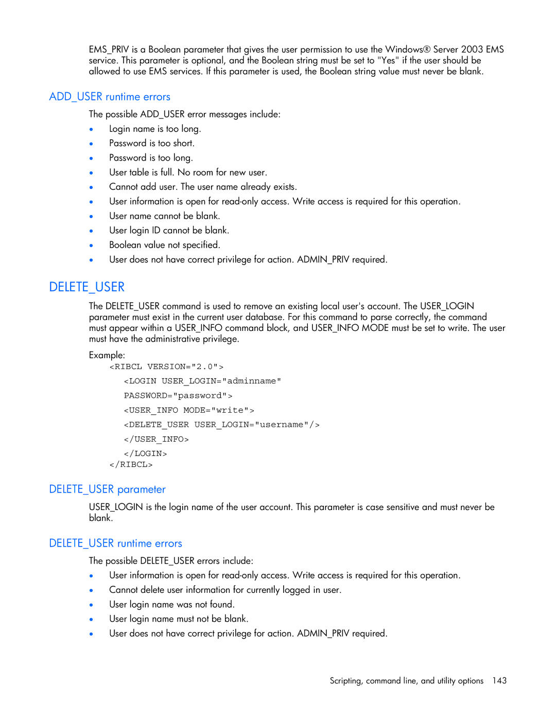 HP 232664-006 manual Adduser runtime errors, Deleteuser parameter, Deleteuser runtime errors 