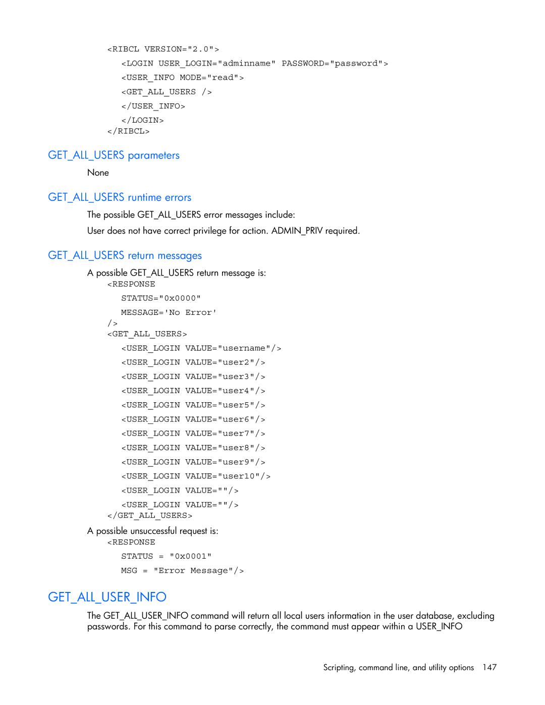 HP 232664-006 manual Getalluserinfo, Getallusers parameters, Getallusers runtime errors, Getallusers return messages 