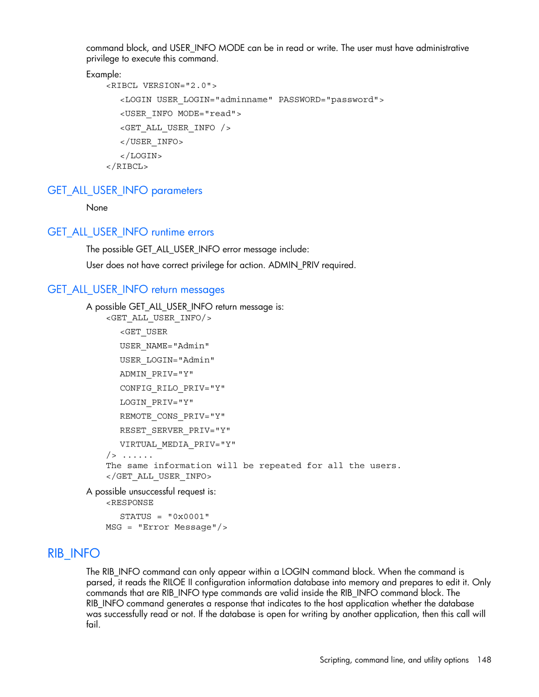 HP 232664-006 manual Ribinfo, Getalluserinfo parameters, Getalluserinfo runtime errors, Getalluserinfo return messages 