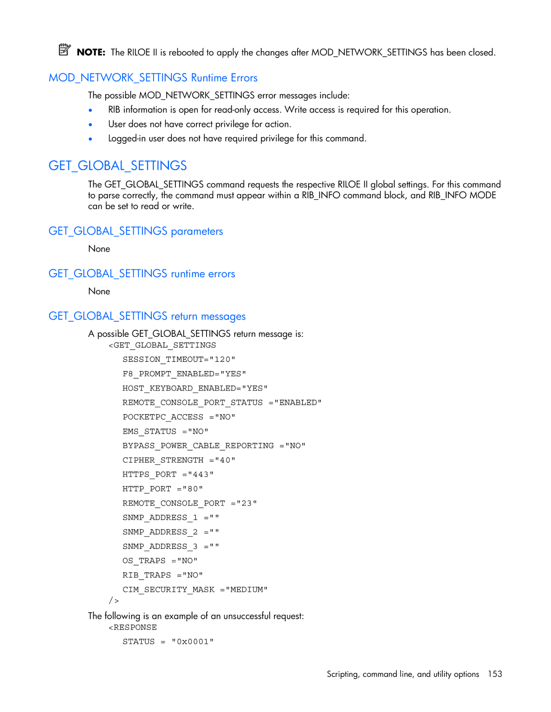 HP 232664-006 manual Modnetworksettings Runtime Errors, Getglobalsettings parameters, Getglobalsettings runtime errors 