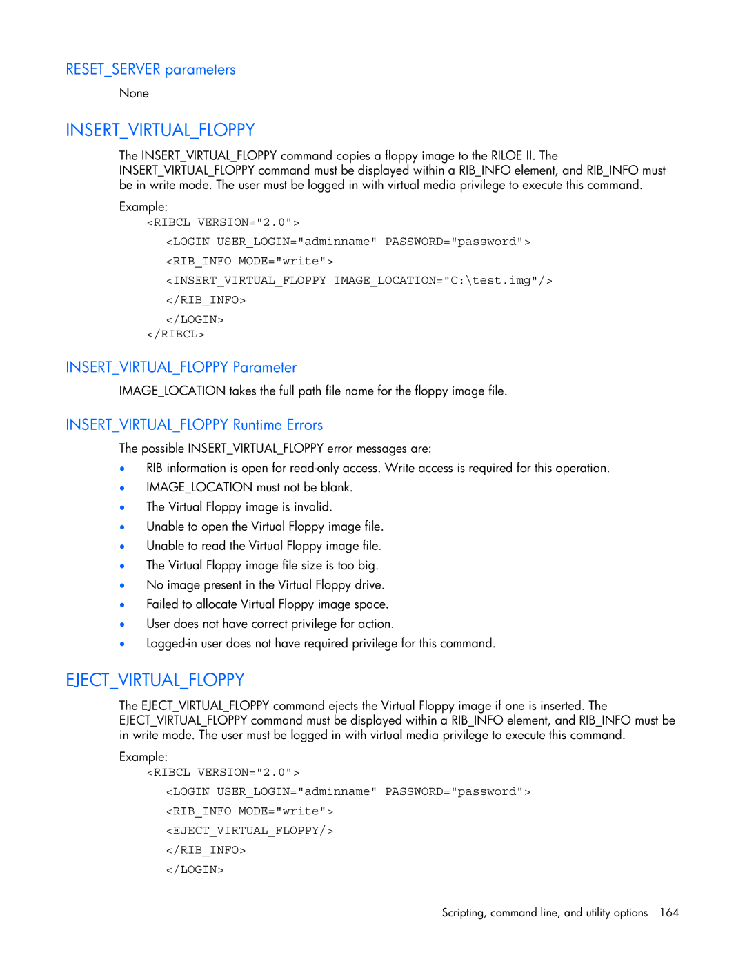 HP 232664-006 manual Ejectvirtualfloppy, Resetserver parameters, Insertvirtualfloppy Parameter 