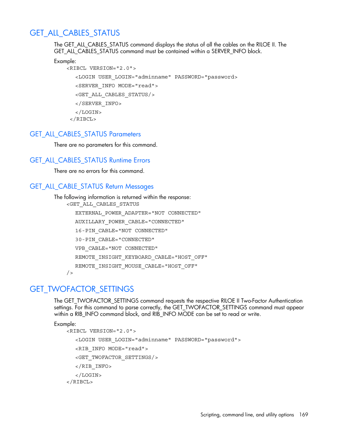 HP 232664-006 manual Gettwofactorsettings, Getallcablesstatus Parameters, Getallcablesstatus Runtime Errors 