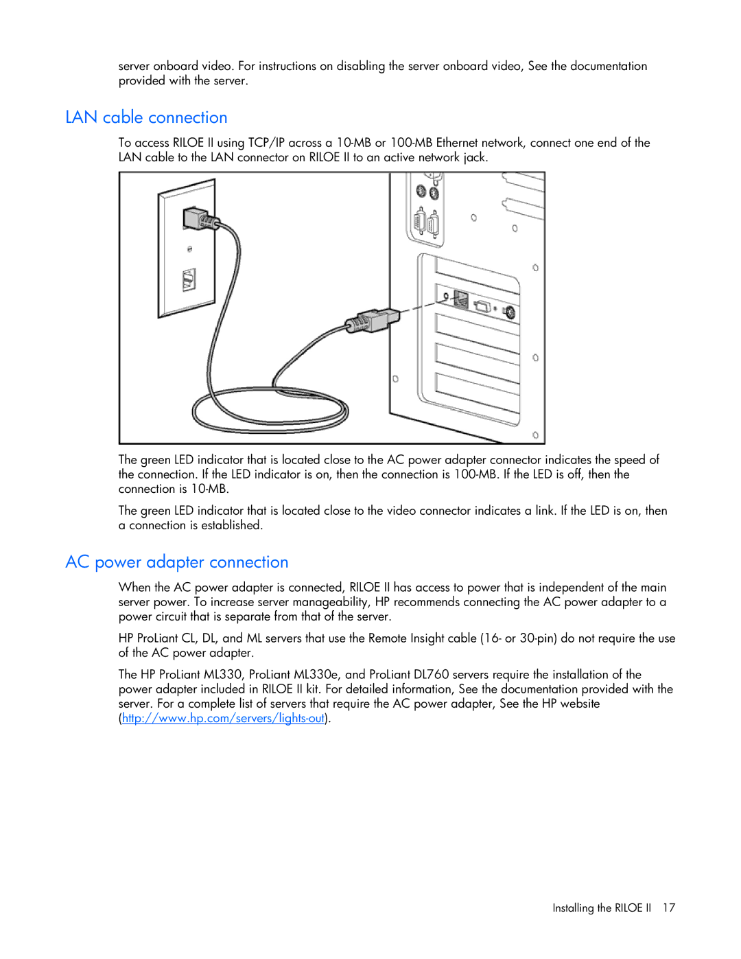 HP 232664-006 manual LAN cable connection, AC power adapter connection 