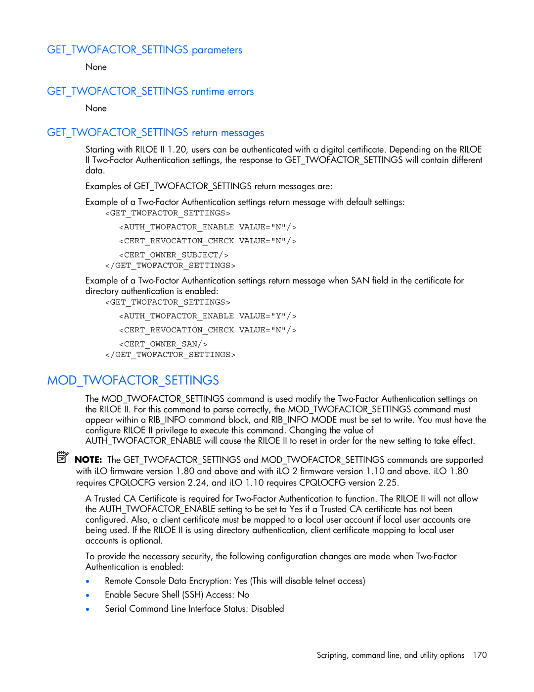 HP 232664-006 manual Modtwofactorsettings, Gettwofactorsettings parameters, Gettwofactorsettings runtime errors 