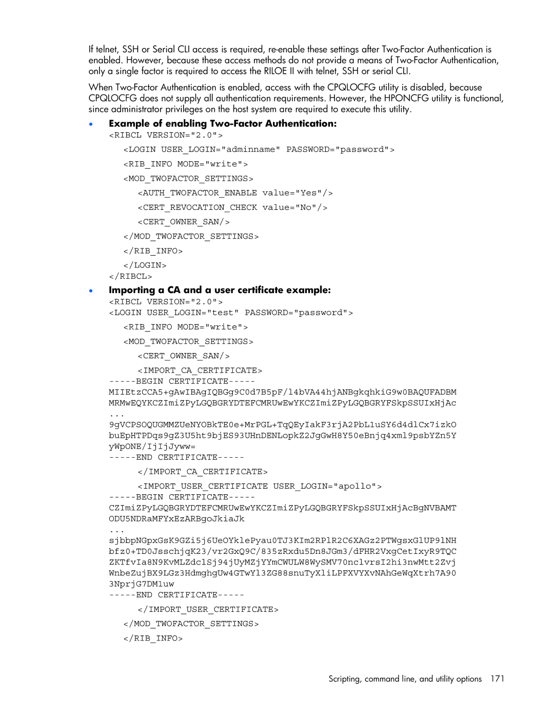 HP 232664-006 manual Example of enabling Two-Factor Authentication, Importing a CA and a user certificate example 