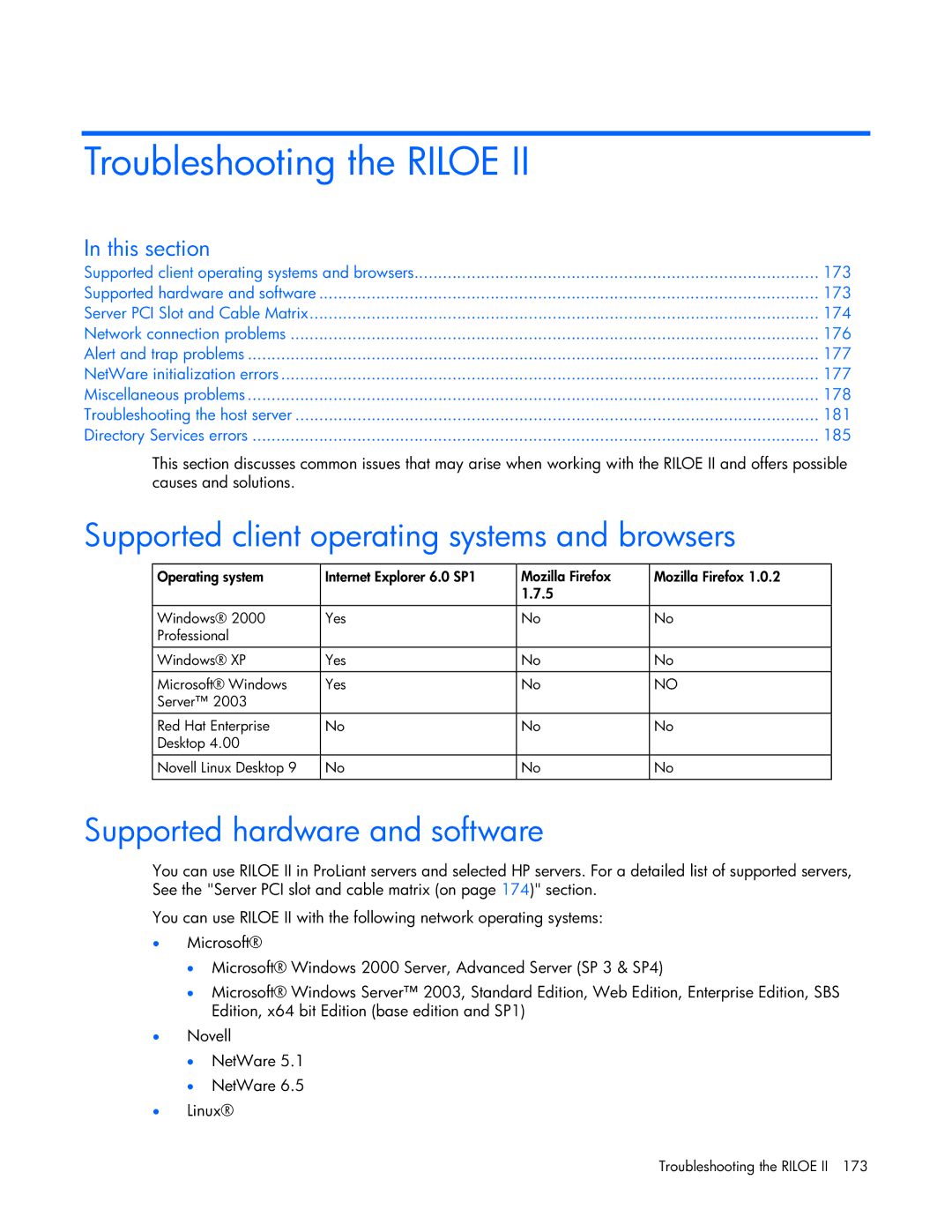 HP 232664-006 Troubleshooting the Riloe, Supported client operating systems and browsers, Supported hardware and software 