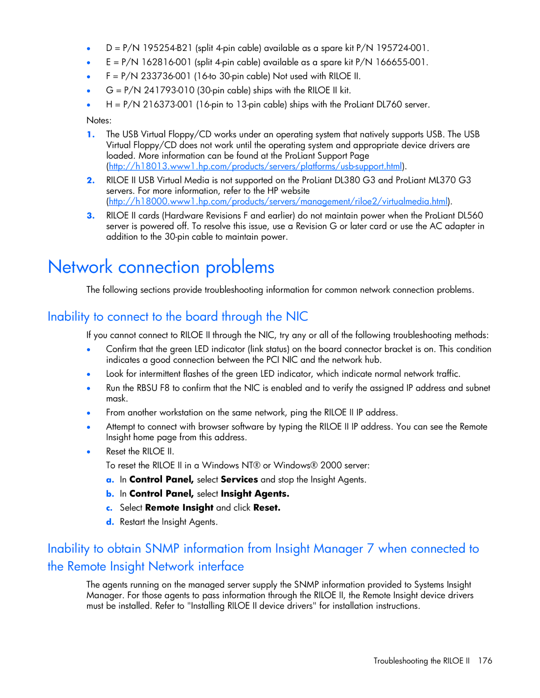 HP 232664-006 manual Network connection problems, Inability to connect to the board through the NIC 