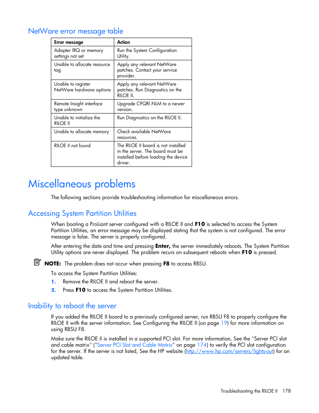 HP 232664-006 manual Miscellaneous problems, NetWare error message table, Accessing System Partition Utilities 