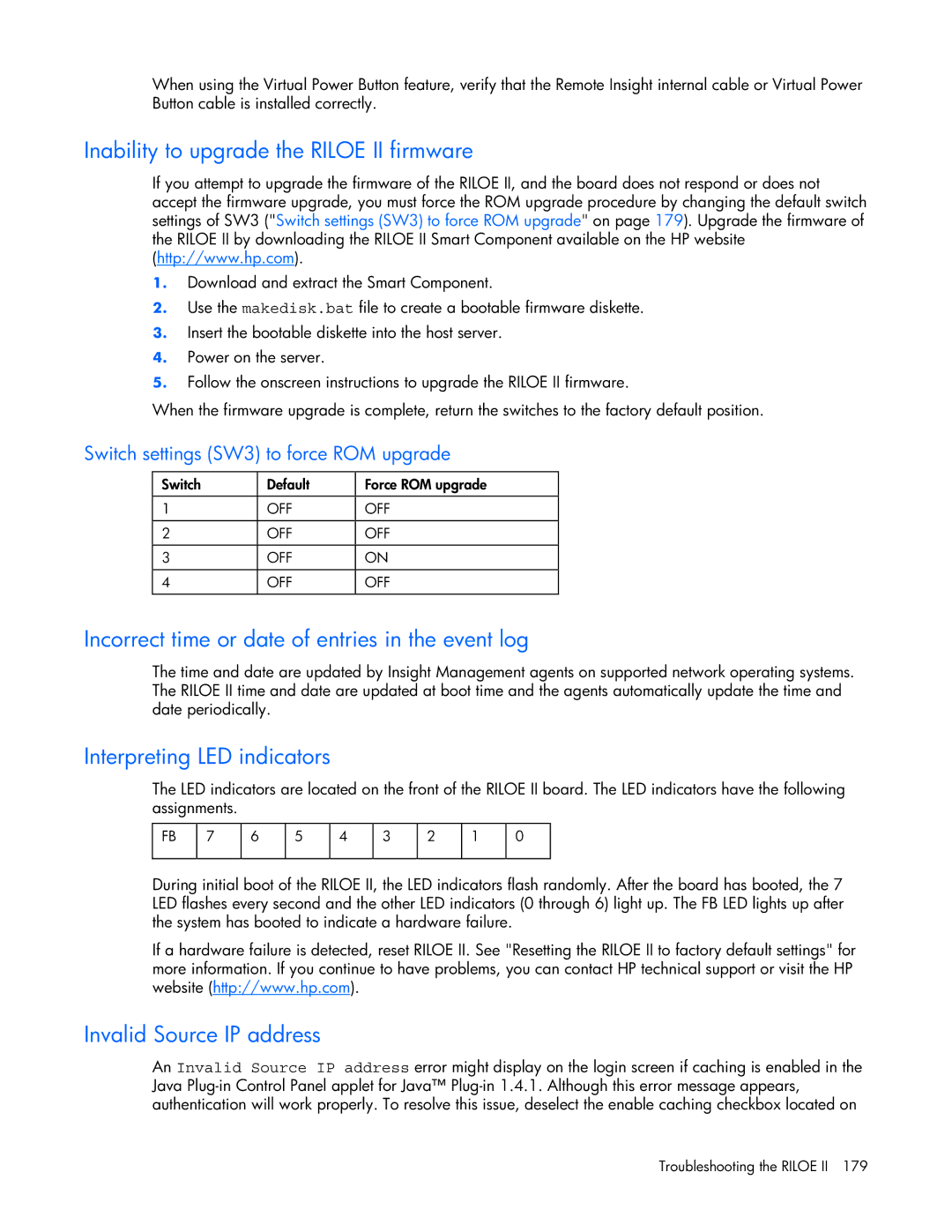 HP 232664-006 manual Inability to upgrade the Riloe II firmware, Incorrect time or date of entries in the event log 