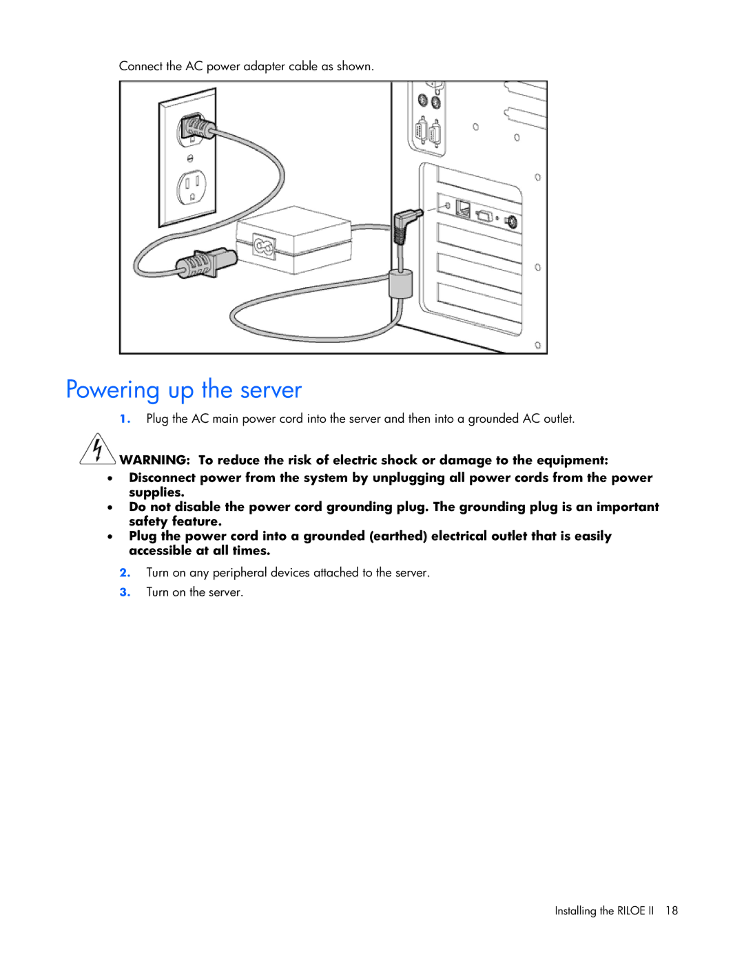 HP 232664-006 manual Powering up the server 