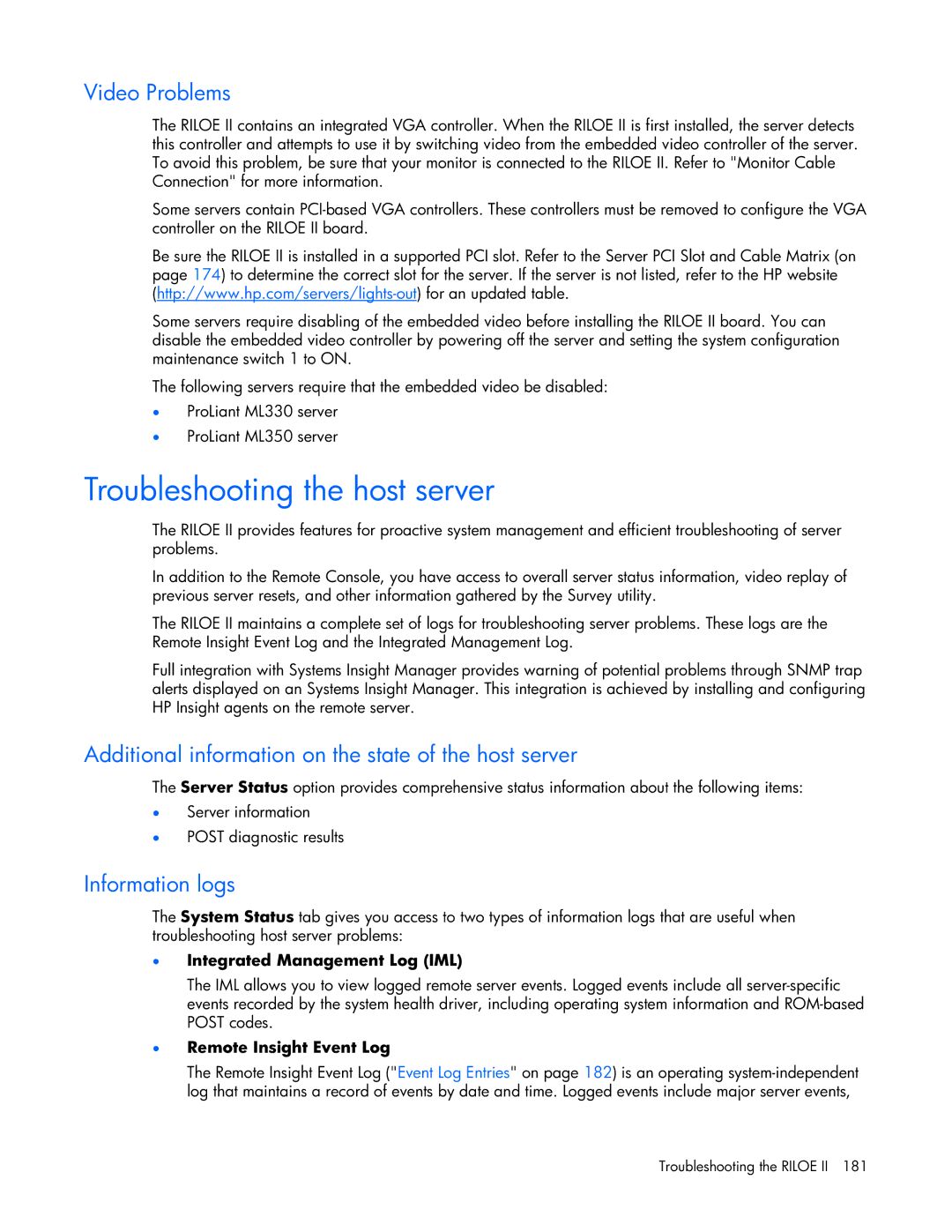 HP 232664-006 Troubleshooting the host server, Video Problems, Additional information on the state of the host server 