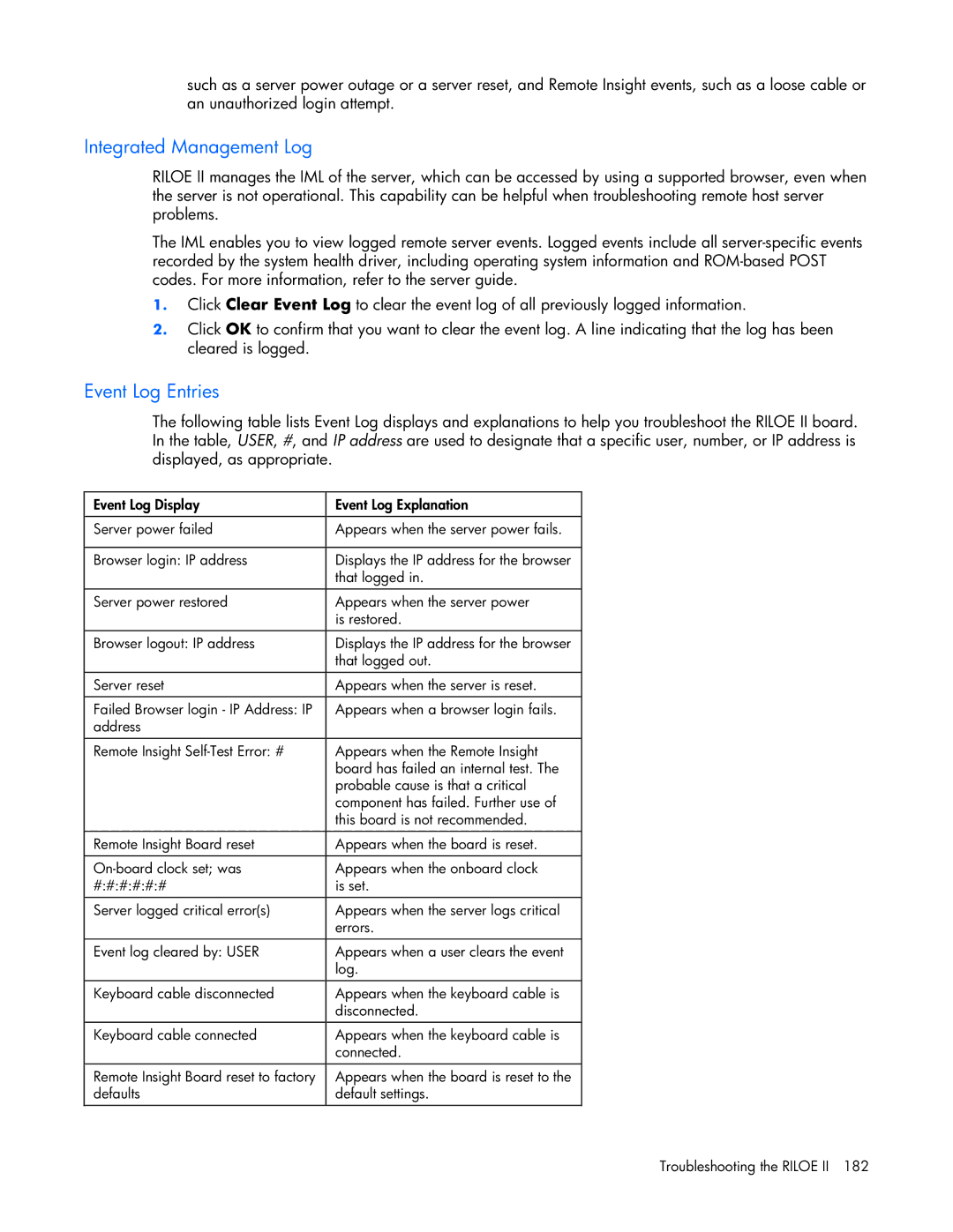 HP 232664-006 manual Integrated Management Log, Event Log Entries 