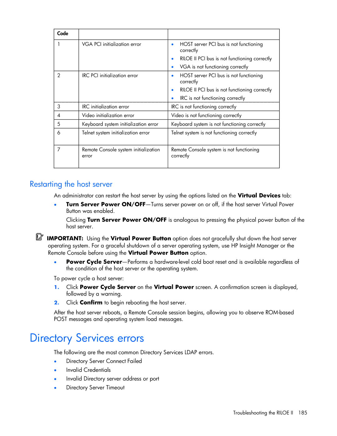 HP 232664-006 manual Directory Services errors, Restarting the host server 
