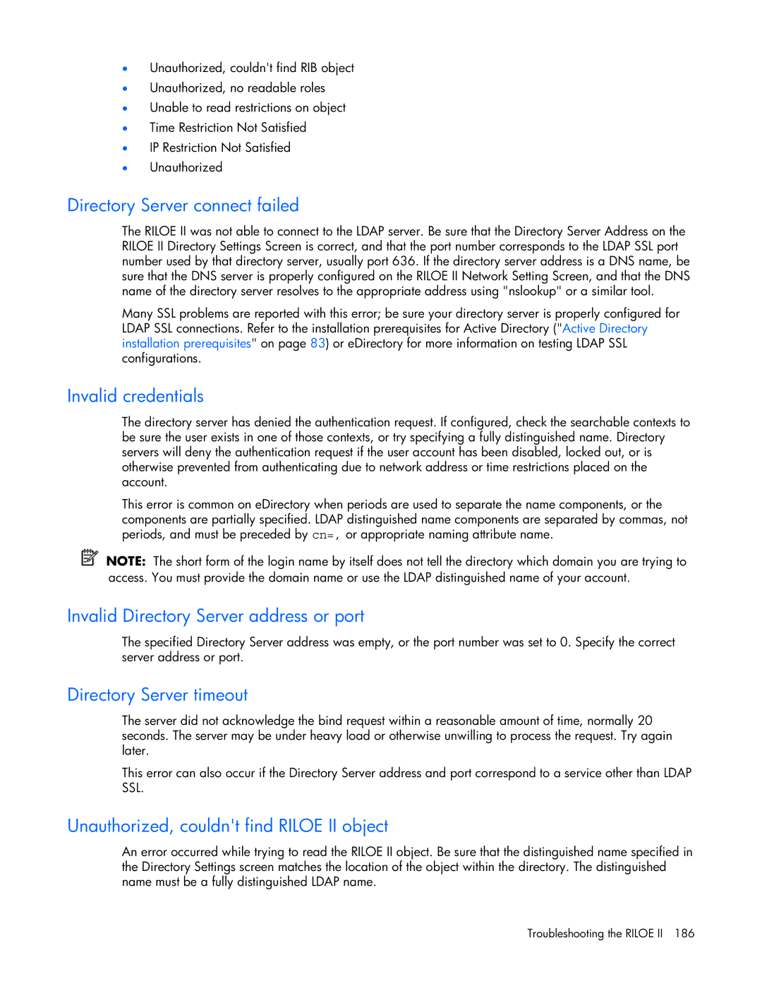 HP 232664-006 manual Directory Server connect failed, Invalid credentials, Invalid Directory Server address or port 