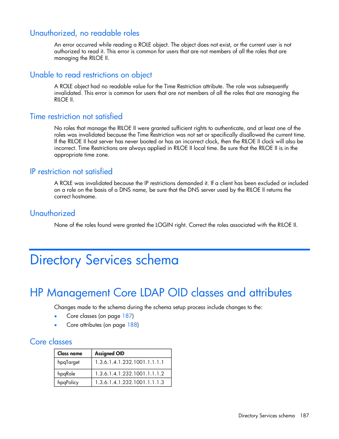 HP 232664-006 manual Directory Services schema, HP Management Core Ldap OID classes and attributes 