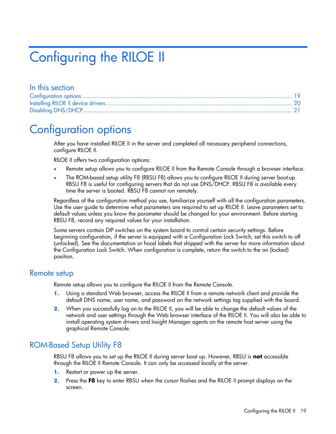 HP 232664-006 manual Configuring the Riloe, Configuration options, Remote setup, ROM-Based Setup Utility F8 