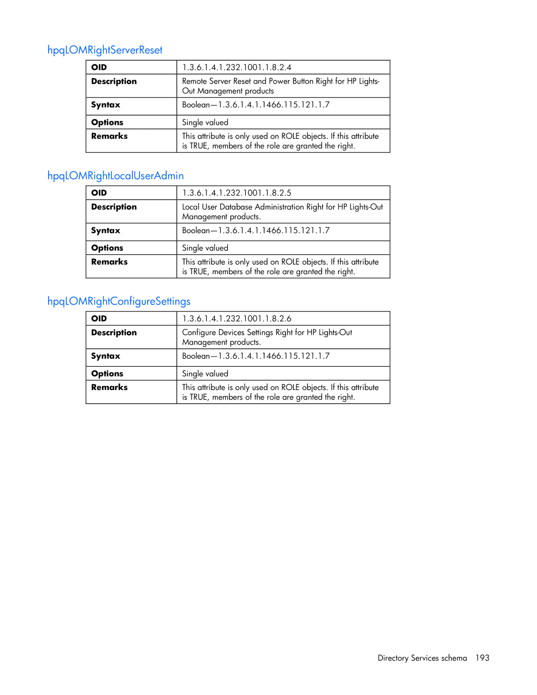 HP 232664-006 manual HpqLOMRightServerReset, HpqLOMRightLocalUserAdmin, HpqLOMRightConfigureSettings 