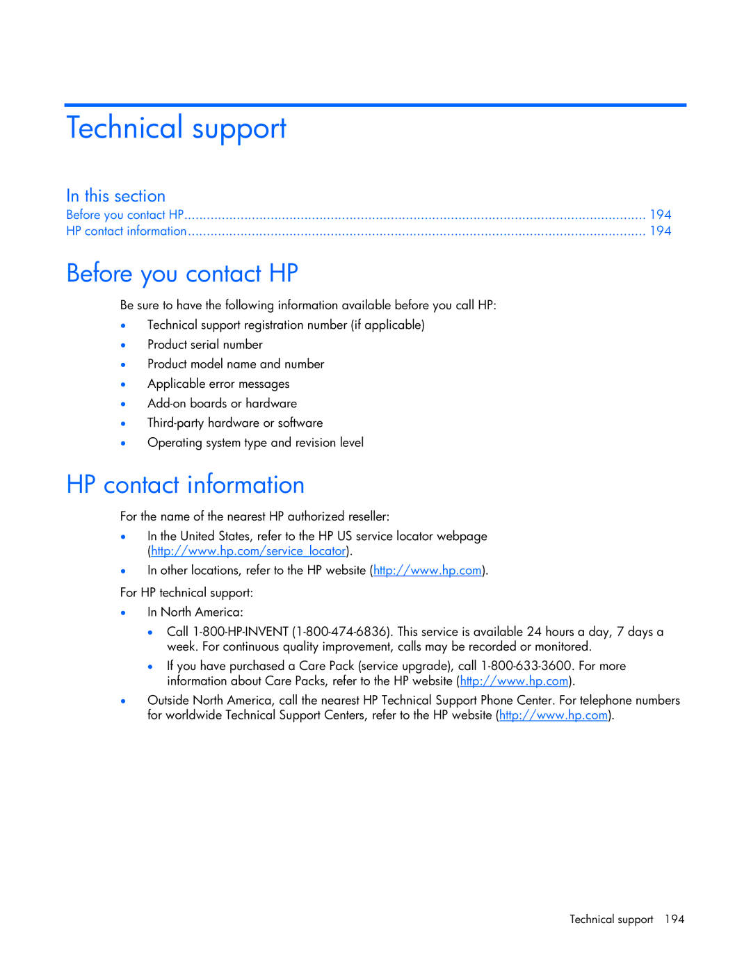 HP 232664-006 manual Technical support, Before you contact HP, HP contact information 