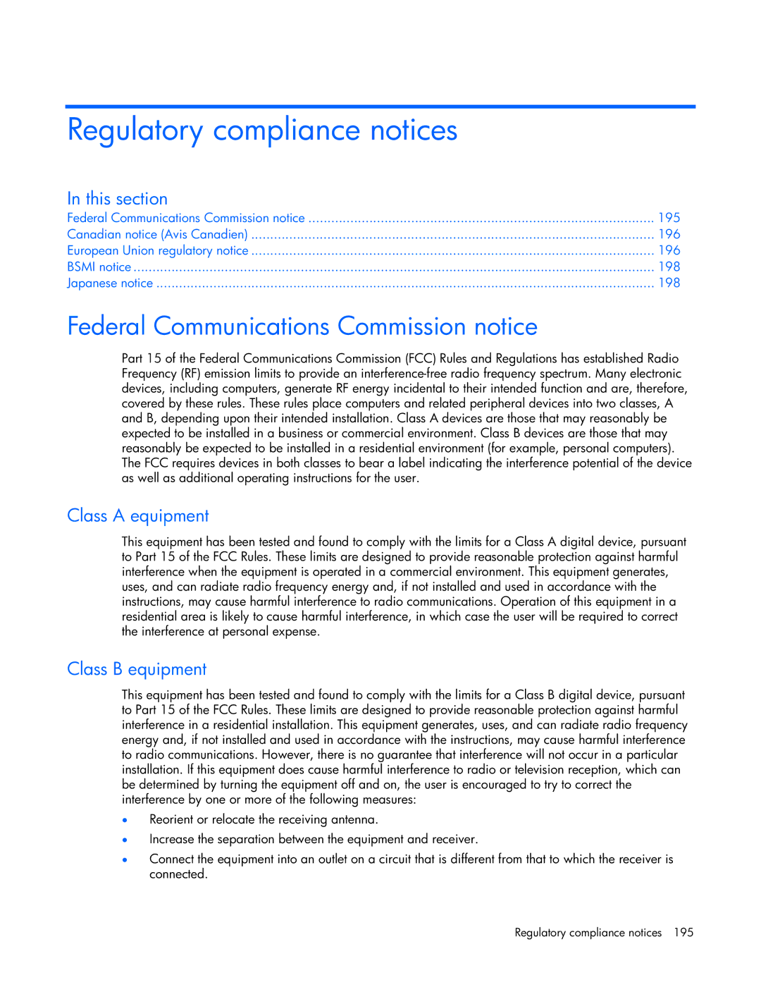 HP 232664-006 manual Regulatory compliance notices, Federal Communications Commission notice, Class a equipment 