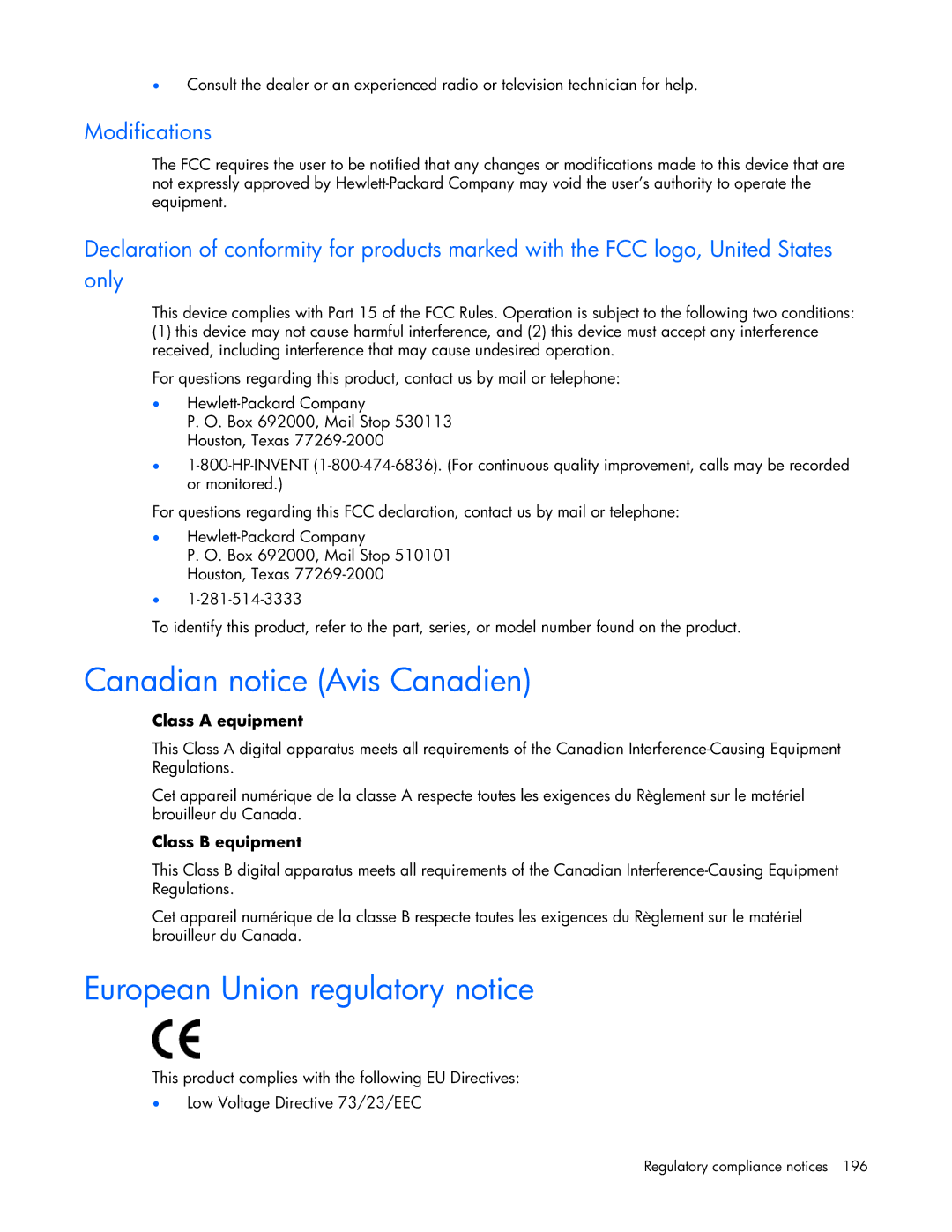 HP 232664-006 manual Canadian notice Avis Canadien, European Union regulatory notice, Modifications, Class a equipment 