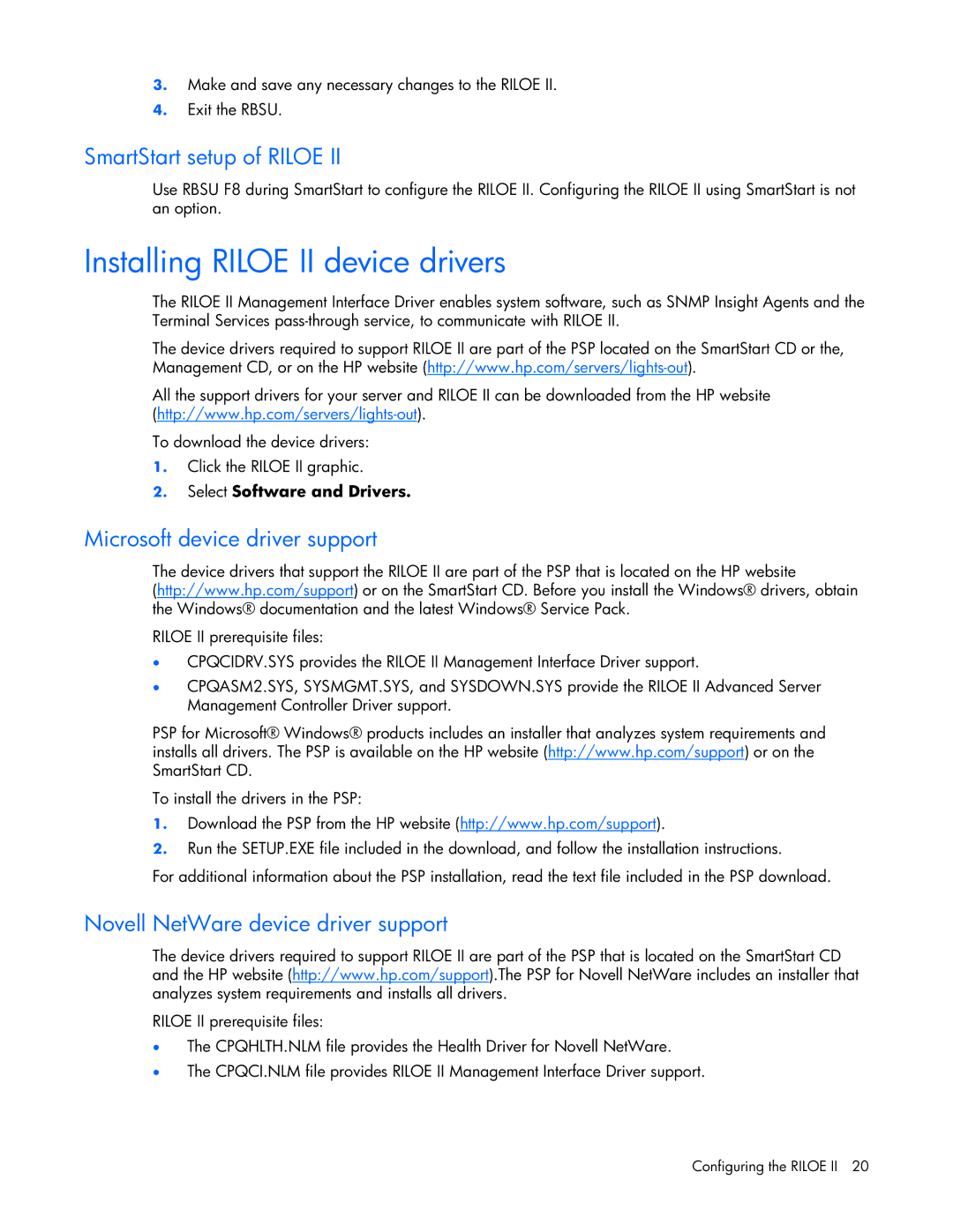 HP 232664-006 manual Installing Riloe II device drivers, SmartStart setup of Riloe, Microsoft device driver support 
