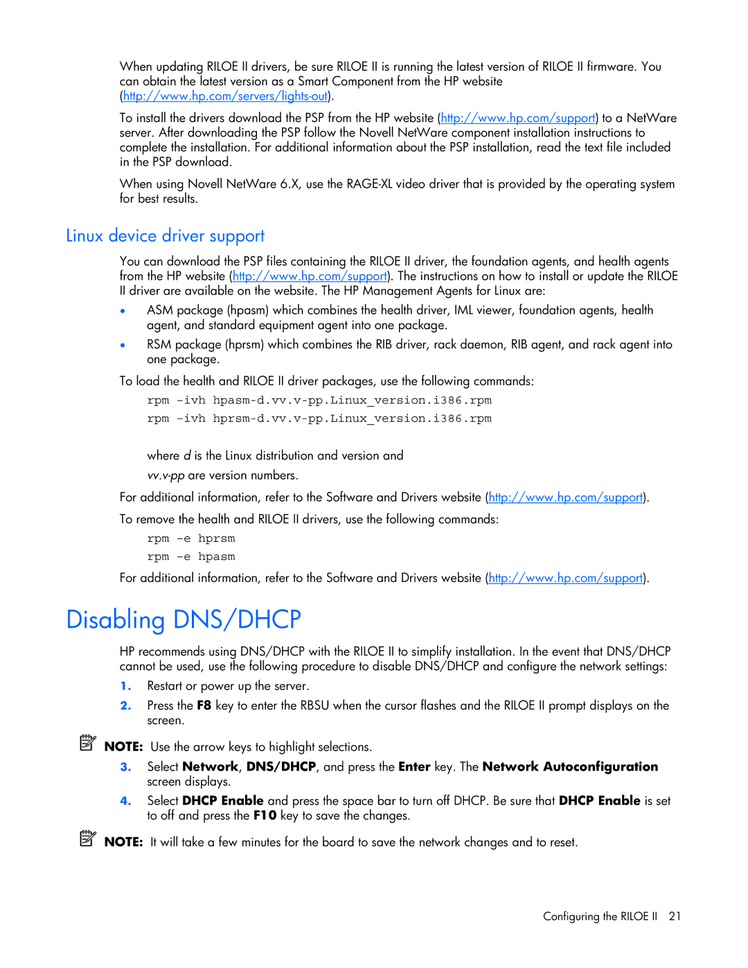 HP 232664-006 manual Disabling DNS/DHCP, Linux device driver support 