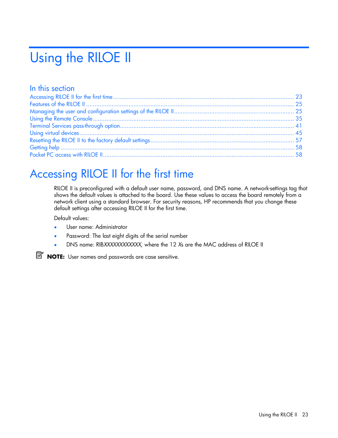 HP 232664-006 manual Using the Riloe, Accessing Riloe II for the first time 