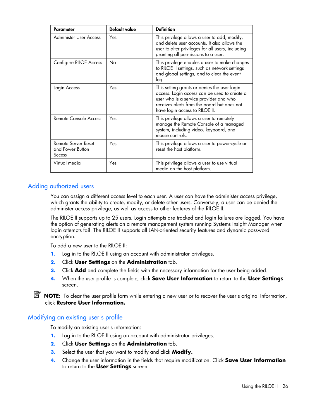 HP 232664-006 Adding authorized users, Modifying an existing users profile, Click User Settings on the Administration tab 