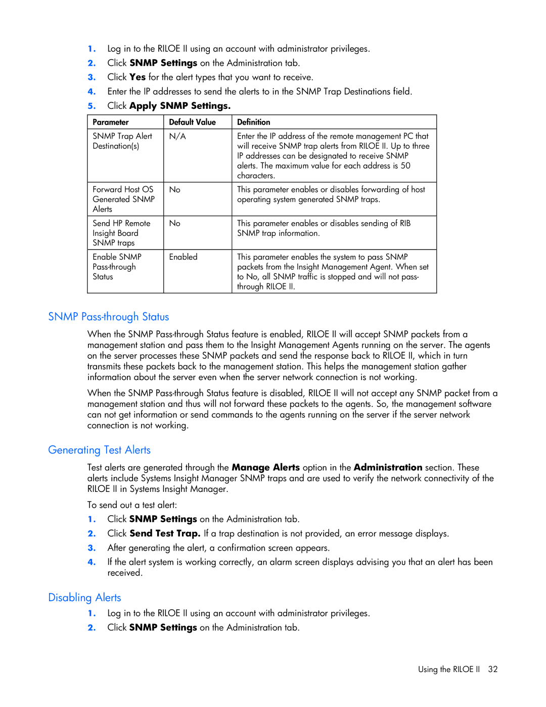 HP 232664-006 manual Snmp Pass-through Status, Generating Test Alerts, Disabling Alerts, Click Apply Snmp Settings 