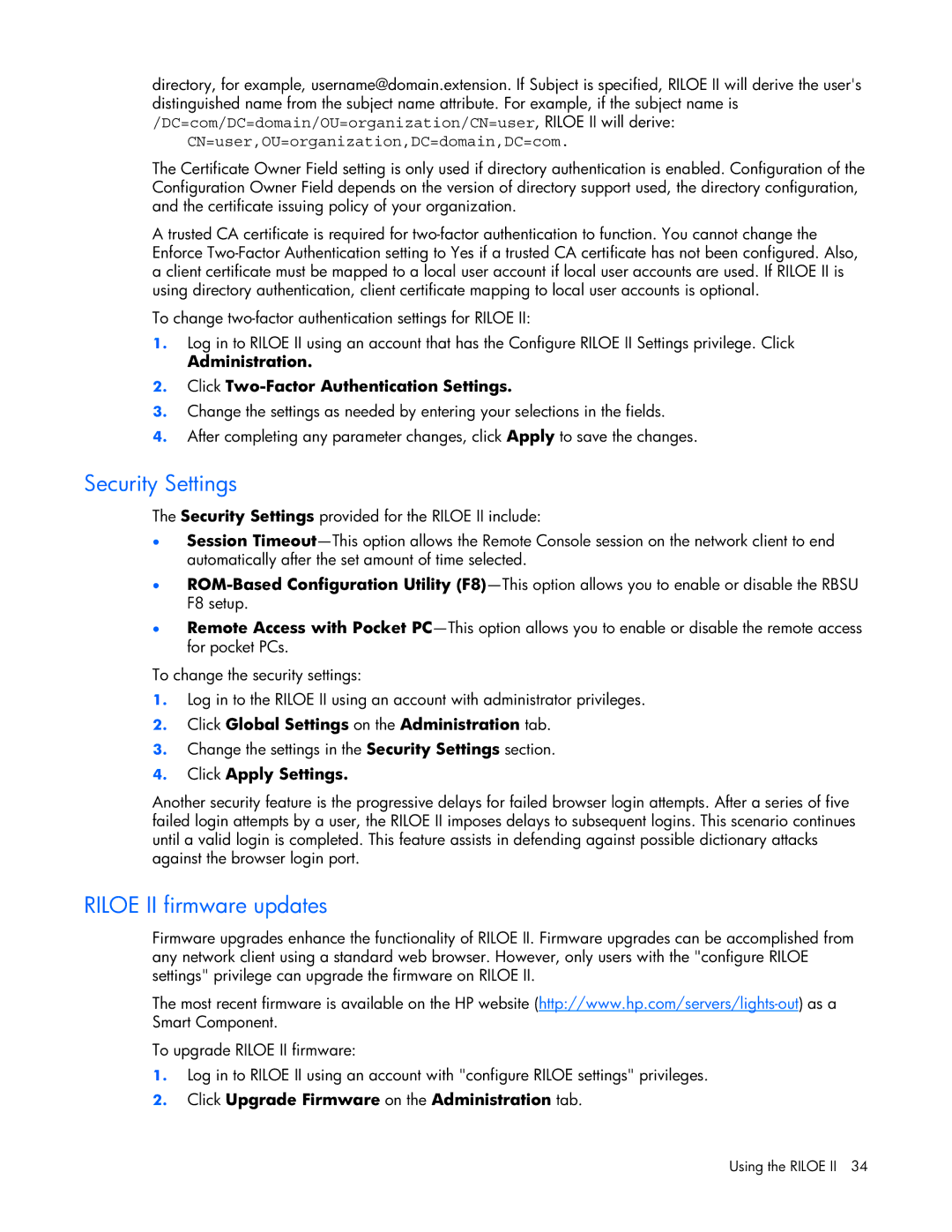 HP 232664-006 manual Security Settings, Riloe II firmware updates 