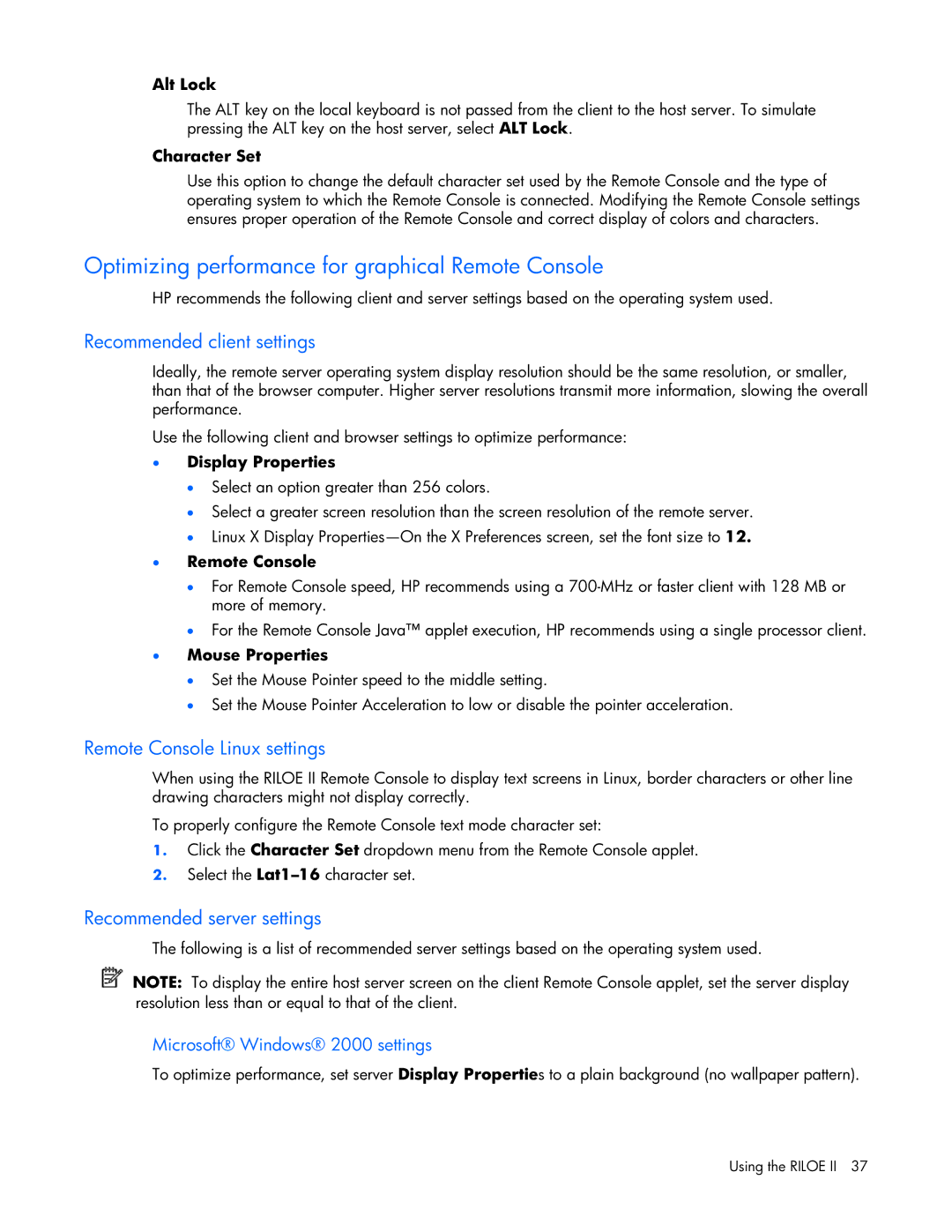 HP 232664-006 manual Optimizing performance for graphical Remote Console, Recommended client settings 