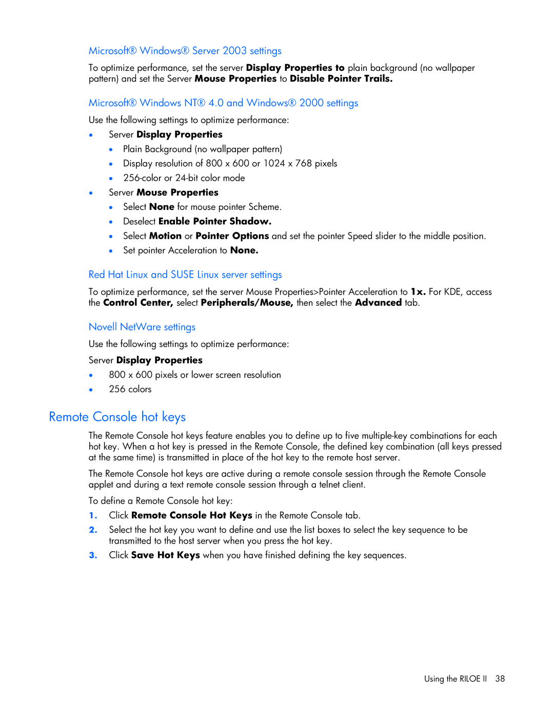 HP 232664-006 manual Remote Console hot keys, Microsoft Windows Server 2003 settings, Novell NetWare settings 