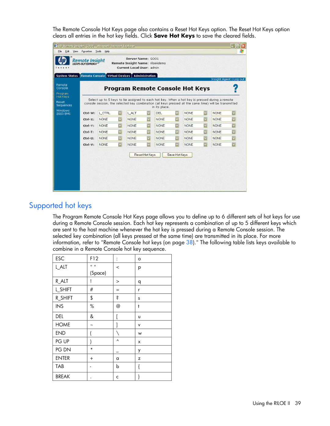 HP 232664-006 manual Supported hot keys 