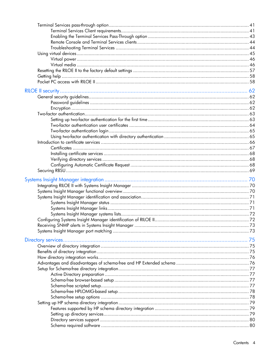 HP 232664-006 manual Riloe II security, Systems Insight Manager integration, Directory services 