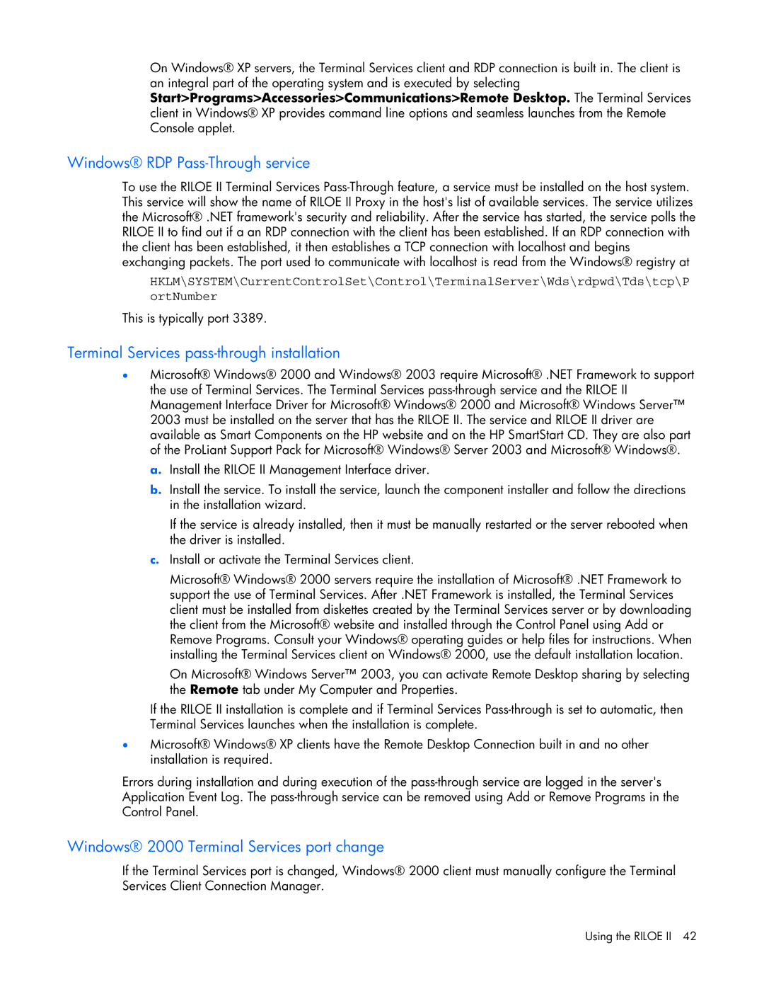HP 232664-006 manual Windows RDP Pass-Through service, Terminal Services pass-through installation 