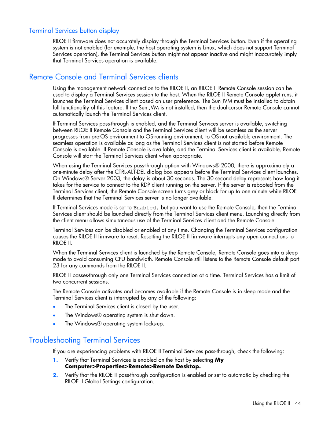 HP 232664-006 manual Remote Console and Terminal Services clients, Troubleshooting Terminal Services 